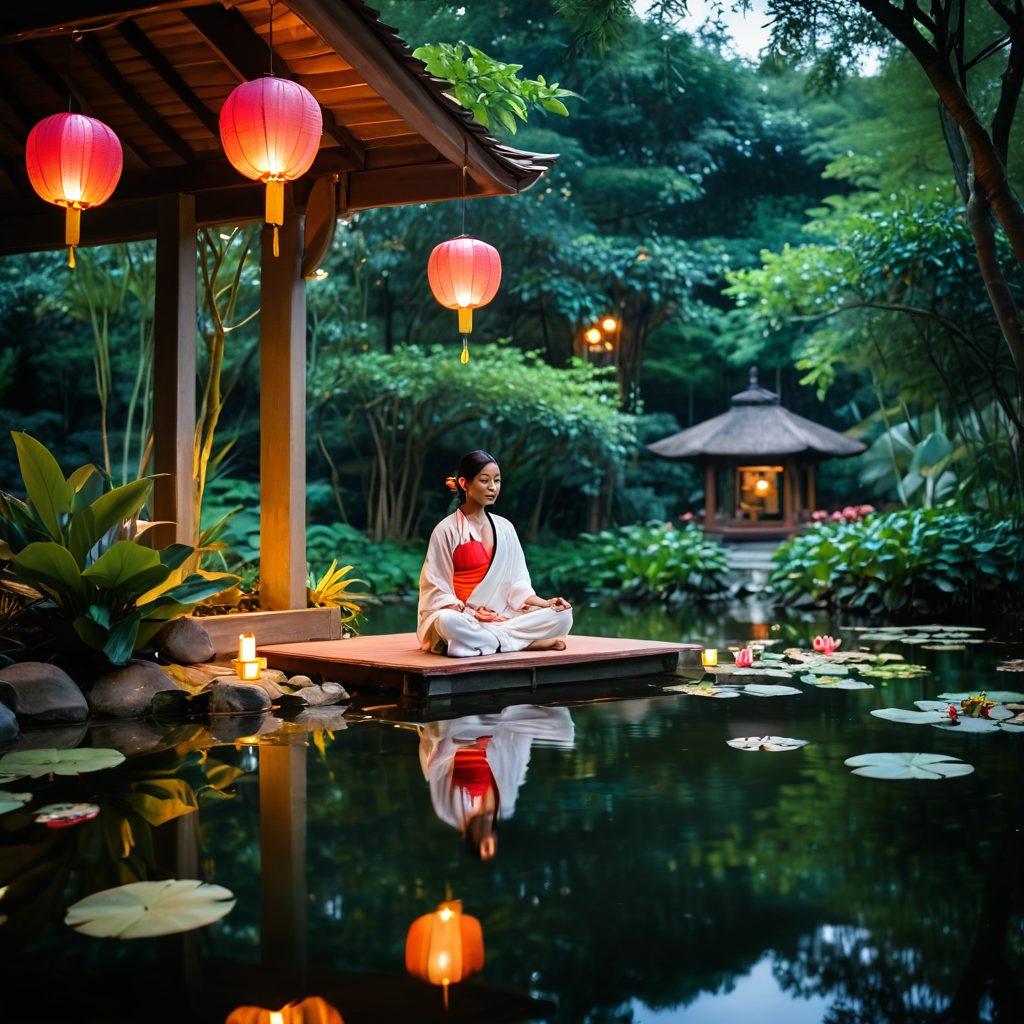 A serene lotus lodge nestled in a tranquil pond, surrounded by lush greenery and colorful blooming lotuses. Soft ambient lighting creates a warm atmosphere with cozy lanterns hanging from trees. A person enjoying a peaceful moment, meditating by the water's edge, embodies the theme of bliss. The overall scene radiates peace and tranquility, inviting the viewer to imagine a perfect escape. super-realistic. vibrant colors. soft focus.