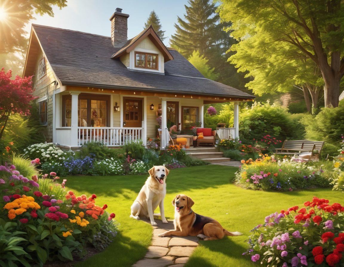 A warm and inviting scene depicting a happy family with children and a friendly dog enjoying their time at a cozy, pet-friendly cottage surrounded by lush greenery and colorful flowers. Include playful elements like a frisbee and a picnic setup, with sunlight streaming through the trees, creating a joyful atmosphere. Capture the essence of togetherness and outdoor fun. vibrant colors. super-realistic.