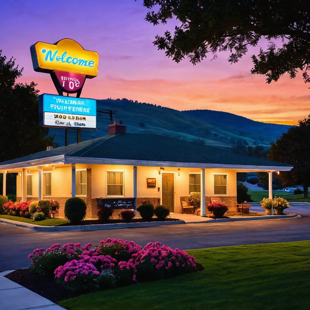 A serene motel nestled against a backdrop of rolling hills at sunset, with cozy rooms featuring warm lights. Include a relaxing patio with colorful flowers, a vintage sign that says 'Welcome to Bliss', and a couple enjoying a book under a tree. Soft, inviting atmosphere with warm tones. super-realistic. vibrant colors. peaceful ambiance.